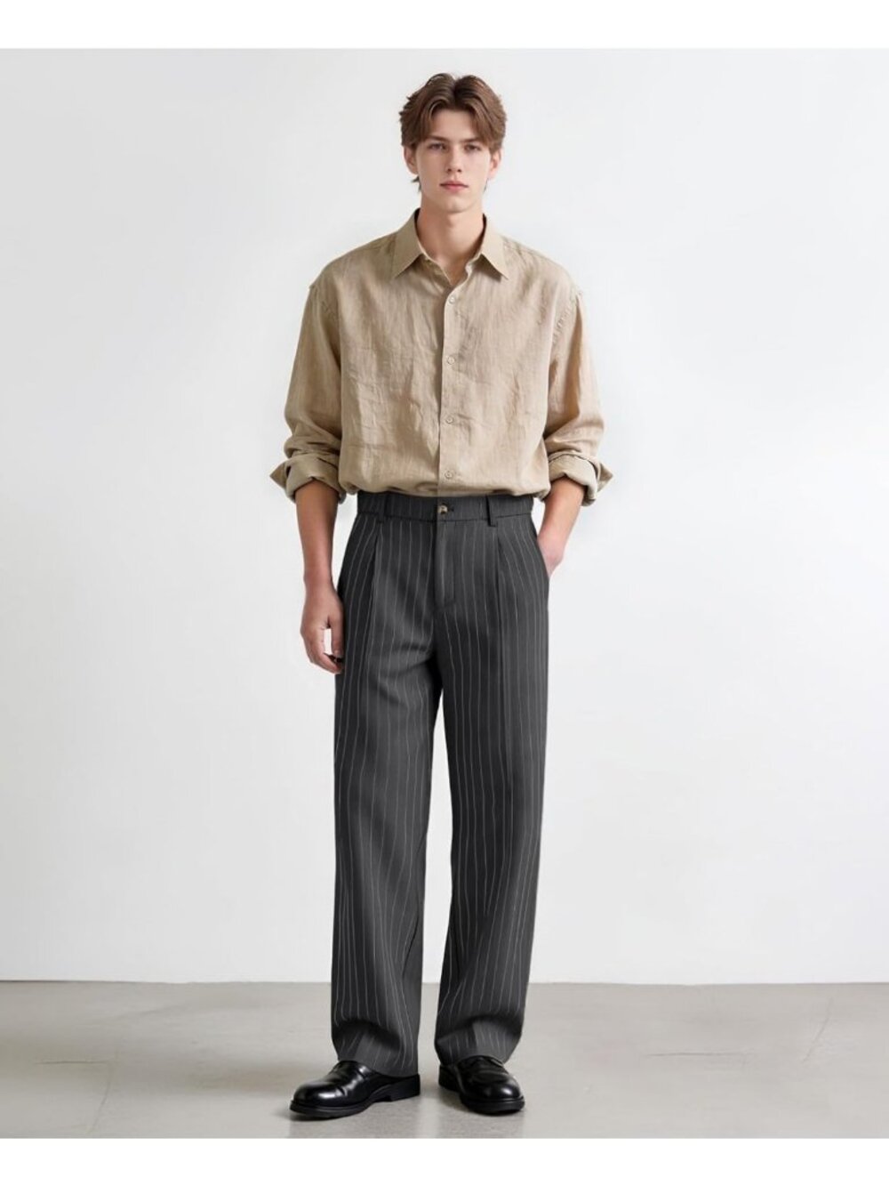 Stylish Men's Pinstripe Wide Leg Baggy Dress Pants | Pleated Loose Fit Trousers - Picture 7 of 7